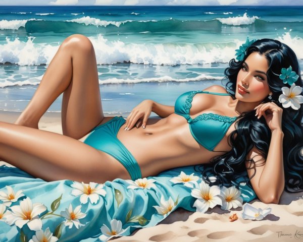 Woman in Turquoise Bikini on Sandy Beach Scene