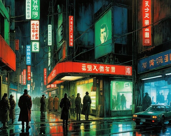 Dark Cityscape with Neon Lights and Rain Reflections