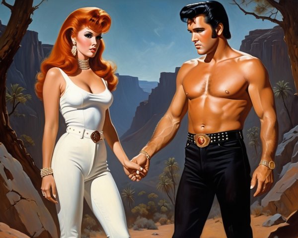 Glamorous Couple in Dramatic Desert Landscape Illustration