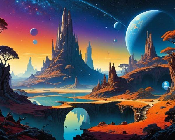 Alien Landscape with Mountains and Vibrant Sunset Sky