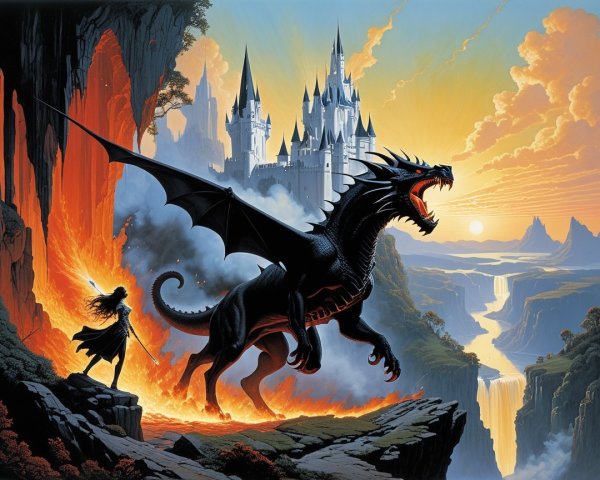 Fierce black dragon atop cliff with sunset backdrop