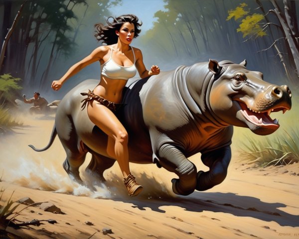 Woman and Hippopotamus in a Vibrant Jungle Scene