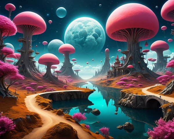 Surreal Landscape with Glowing Mushrooms and River