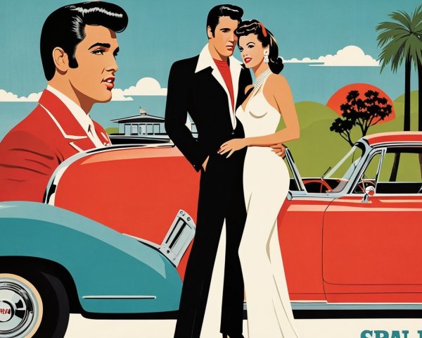 Retro Illustration of Couple by Classic Car at Sunset