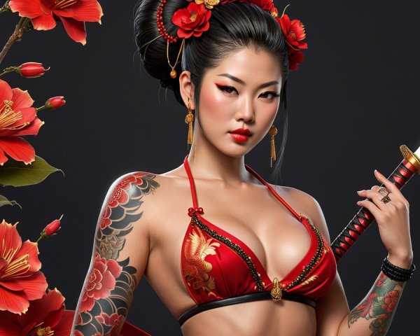Woman in Red Bikini with Katana and Tattoos