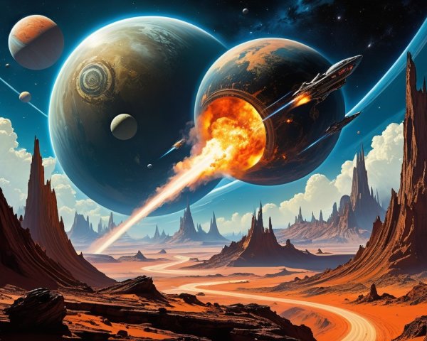 Vibrant Sci-Fi Landscape with Planets and Spacecraft