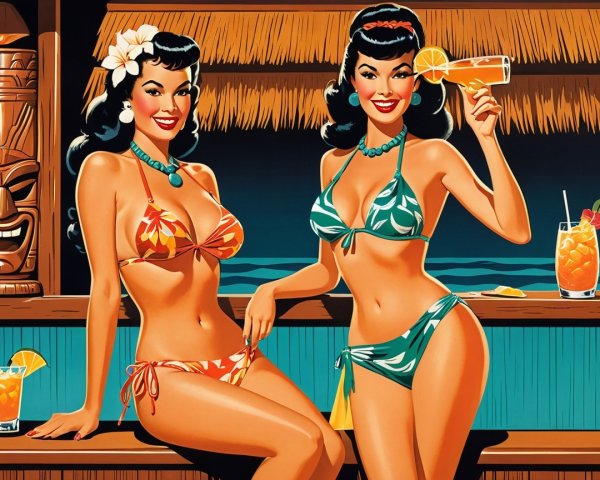 Glamorous Women at Tropical Bar with Vintage Charm