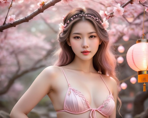 Cherry Blossom Scene with Young Woman in Pink Lingerie