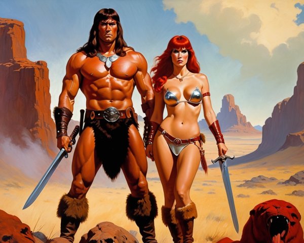 Heroic Figures in Desert Landscape with Ferocious Beast