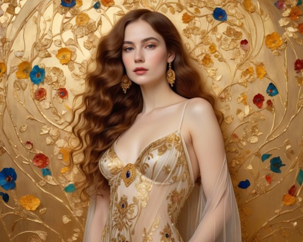 Elegant woman in gown against golden floral backdrop