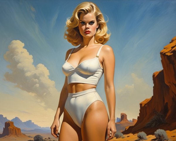 Glamorous Woman in White Swimsuit in Desert Landscape