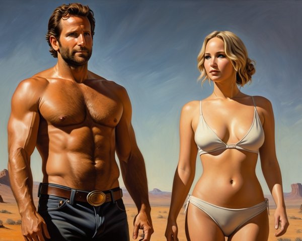 Muscular Figures in Desert Landscape Under Blue Sky