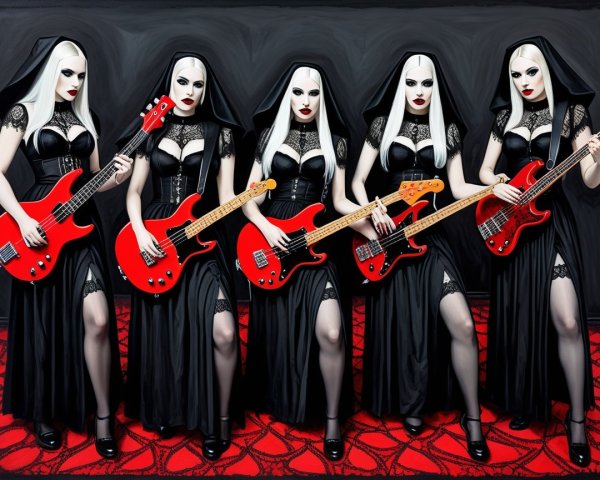 Five Women in Black Habits on Dark Red Carpet Stage