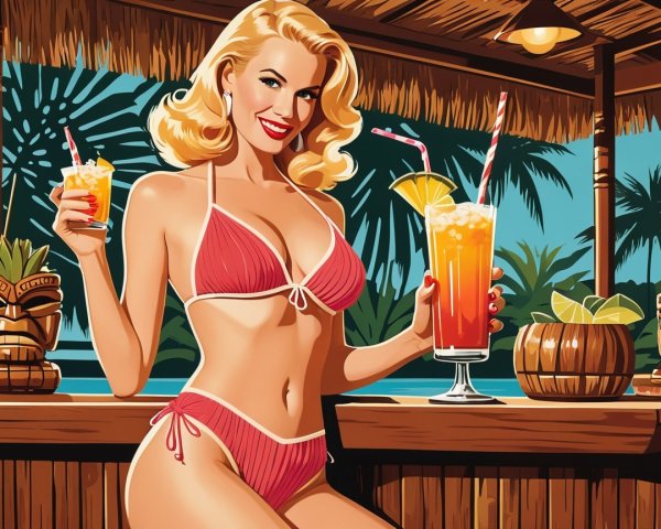 Vibrant Retro Illustration of Glamorous Woman at Bar