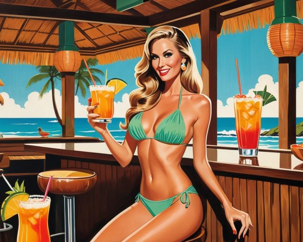 Tropical Beach Scene with Woman and Colorful Cocktail