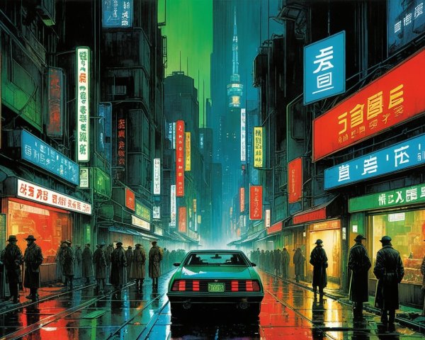 Cyberpunk Street Scene with Teal DeLorean and Neon Signs