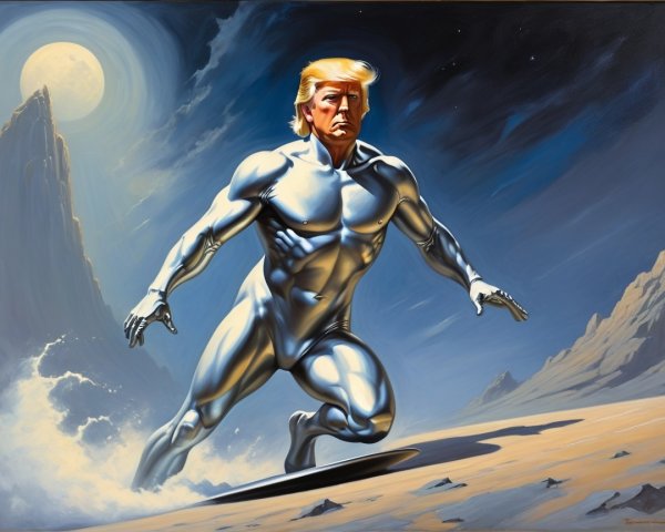 Muscular Silver-Skinned Figure in Desolate Landscape