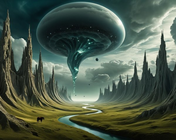 Surreal Landscape with Towering Rocks and Vortex