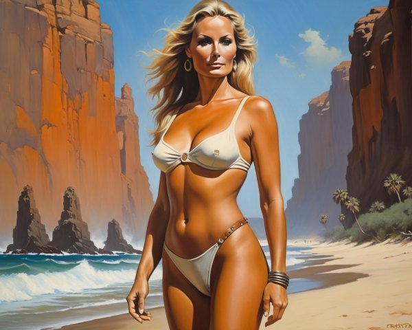 Beach Scene with Woman in Bikini and Red Cliffs