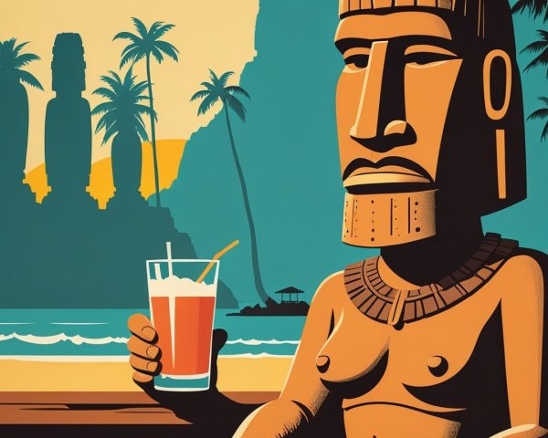 Retro Illustration of Moai Statue at Beach Bar