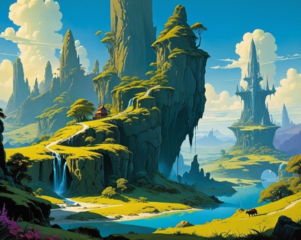 Vibrant Fantasy Landscape with Waterfalls and Peaks