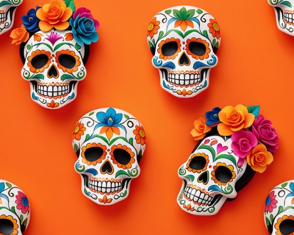 Decorated Sugar Skulls Against Bright Orange Background