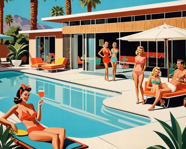 Vibrant Retro Pool Scene with Stylish Individuals