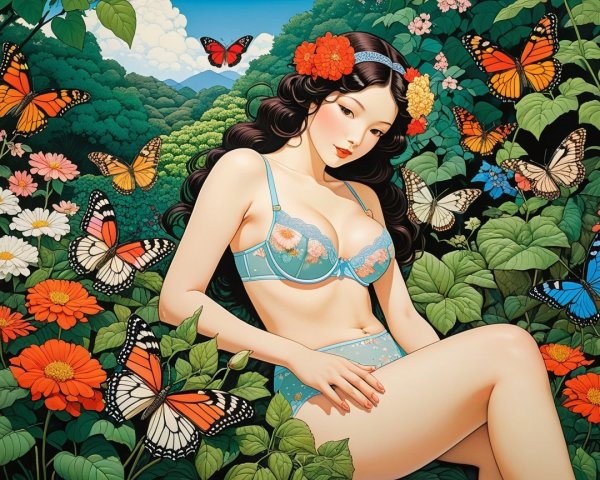 Young woman in blue lingerie among vibrant flowers