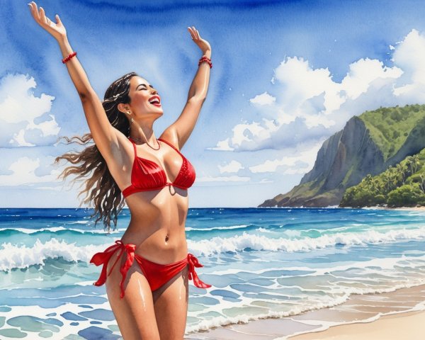 Vibrant Beach Scene with Woman in Red Bikini