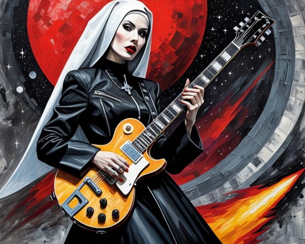 Dramatic Painting of a Nun Playing Electric Guitar