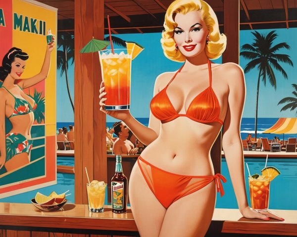 Vibrant Retro Scene with Glamorous Woman at Pool