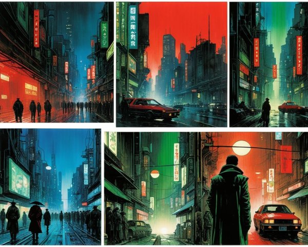 Cyberpunk Collage of Streets with Neon Lights and Buildings