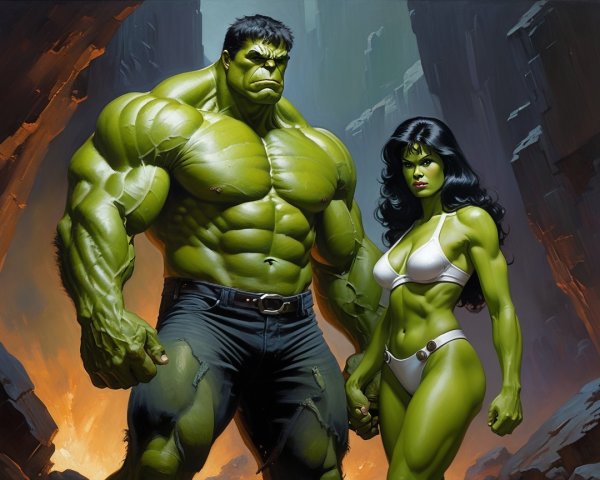 Muscular Green-Skinned Characters in Rocky Landscape