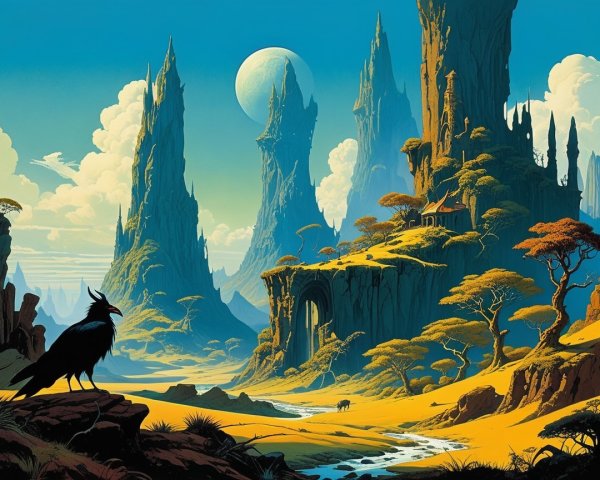 Surreal Landscape with Rock Formations and Moonlight