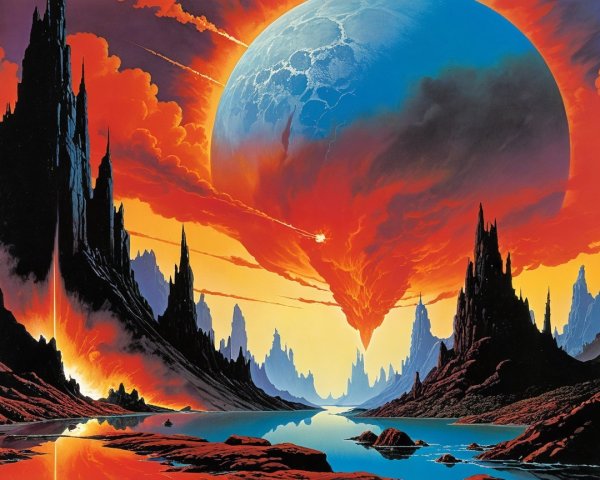 Alien Landscape with Black Mountains and Blue Planet