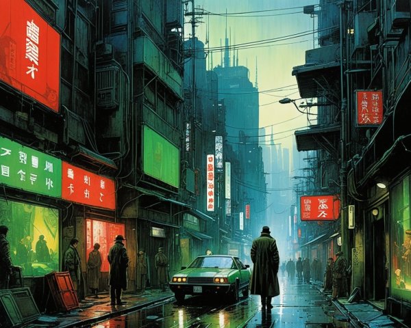 Cyberpunk Digital Painting of a Rainy Dystopian Street