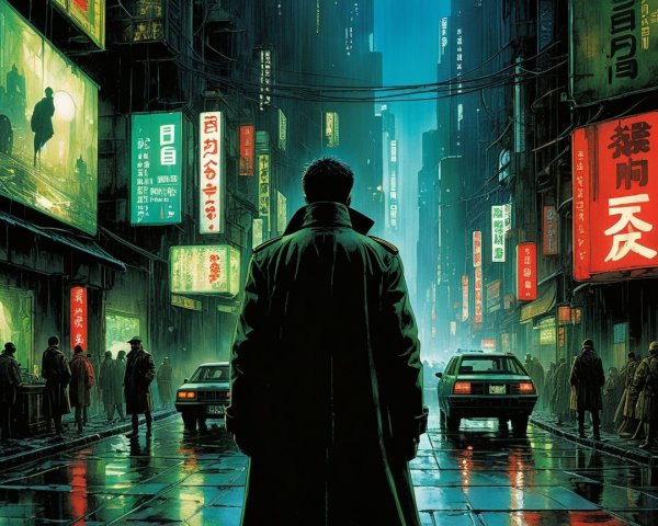Cyberpunk Scene of a Figure in a Neon City at Night