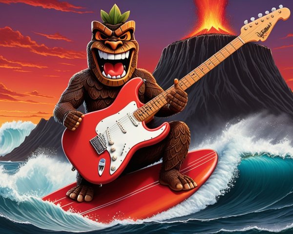 Cartoon Tiki Creature Playing Guitar on Surfboard