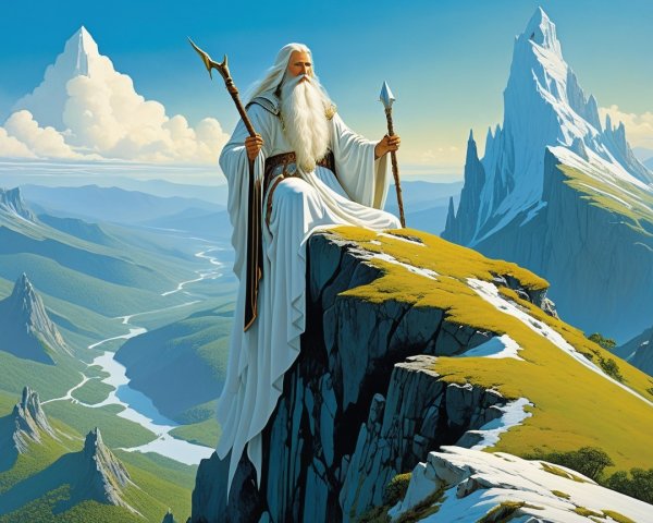 Majestic Sage Figure on Cliff Overlooking Landscape