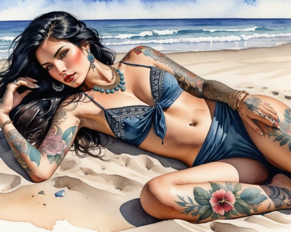 Woman in Blue Bikini with Tattoos on Beach