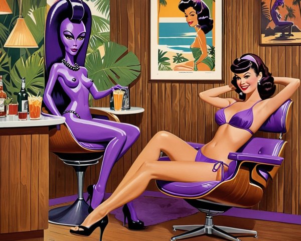 Playful Retro Scene with Stylized Figures in Purple