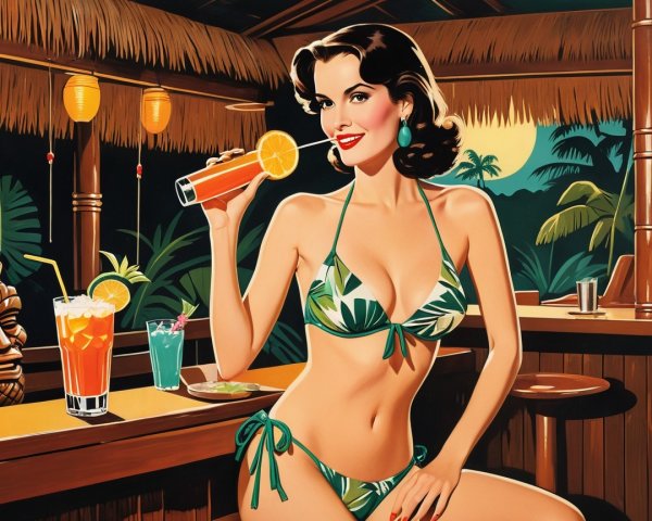 Glamorous Woman in Tropical Bar with Colorful Cocktails
