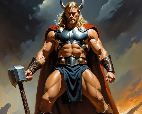 Norse God Figure in Armor with Hammer and Cape