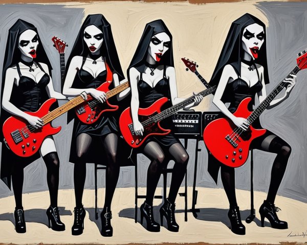 Stylized Women in Black Habits Playing Red Guitars
