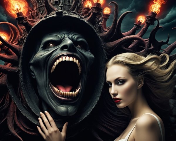 Horror Art Depicting a Grotesque Monster and Woman