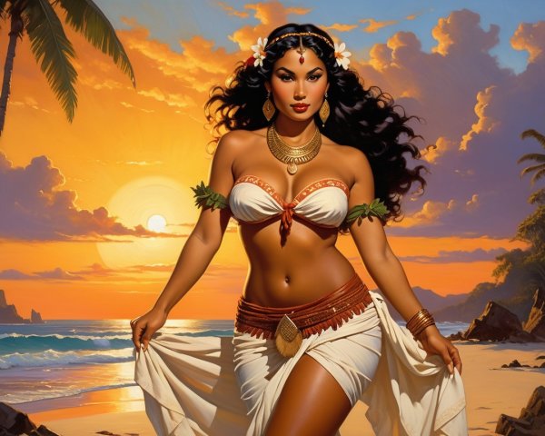 Confident Woman in Flowing Outfit on Tropical Beach