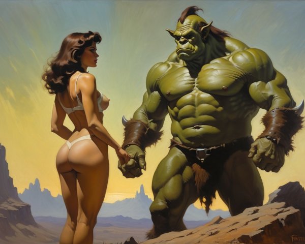 Orc and Woman in Dramatic Fantasy Landscape