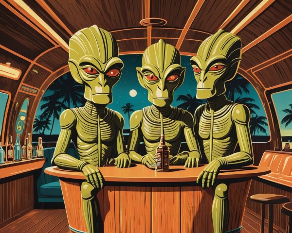 Three Green Aliens at a Tropical Bar Scene