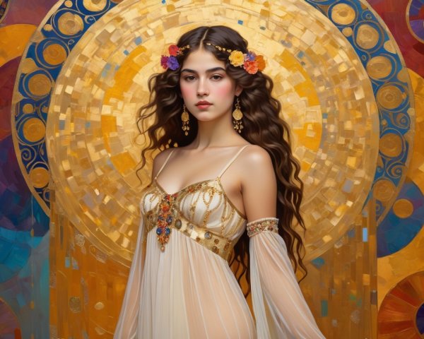 Elegant Young Woman in Sheer Gown with Floral Crown