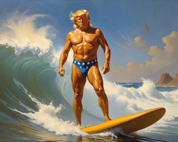 Muscular Surfer Riding Wave with Blue Sky Background